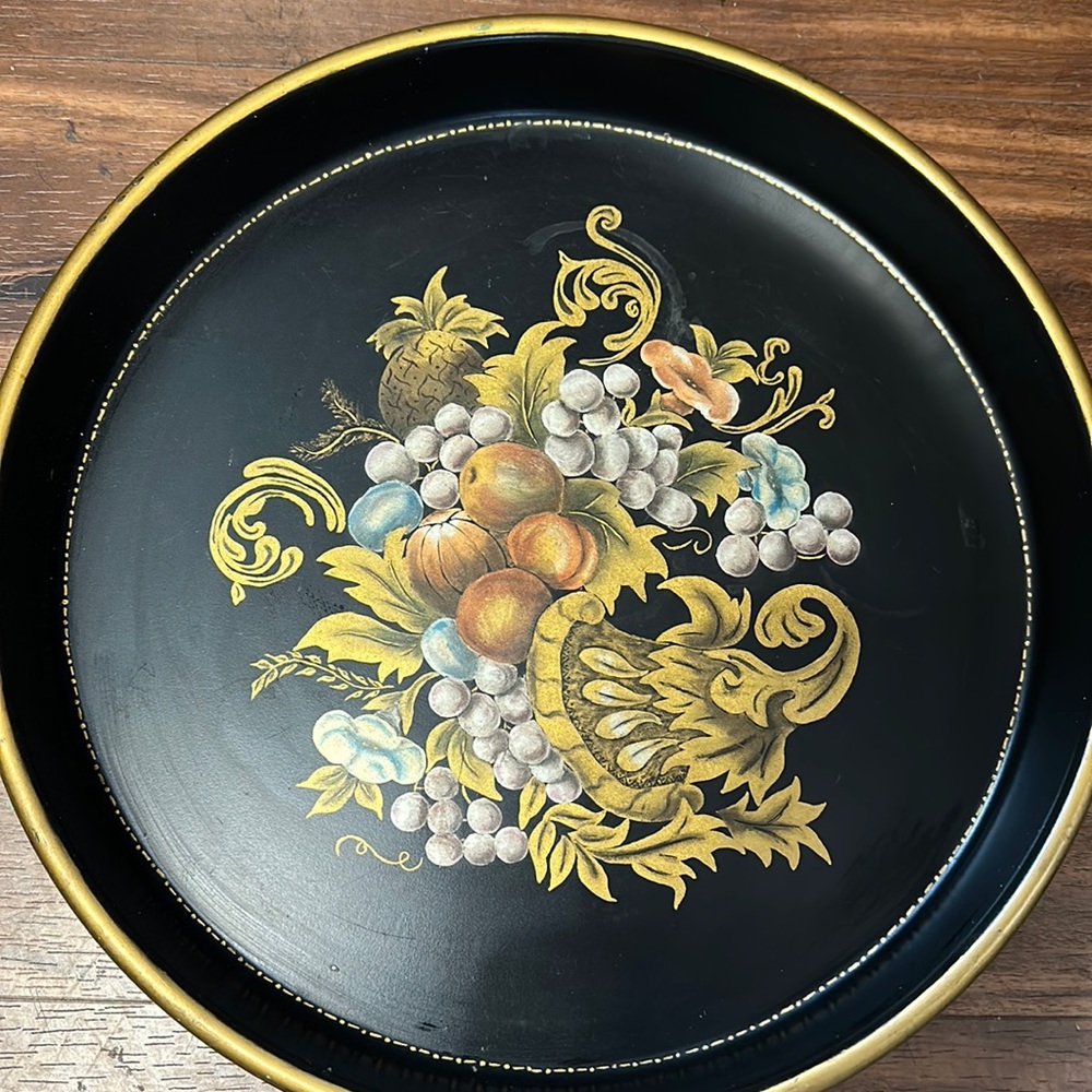 Vintage Toleware Round Metal Tray Hand Painted Fruit Cornucopia Black Gold 14”